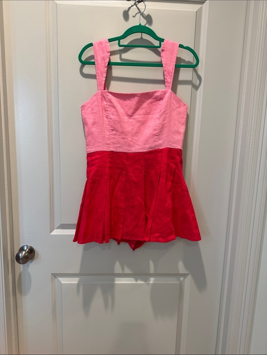 Olivaceous Pants - Olivaceous Pink and Red Linen Colorblock Romper